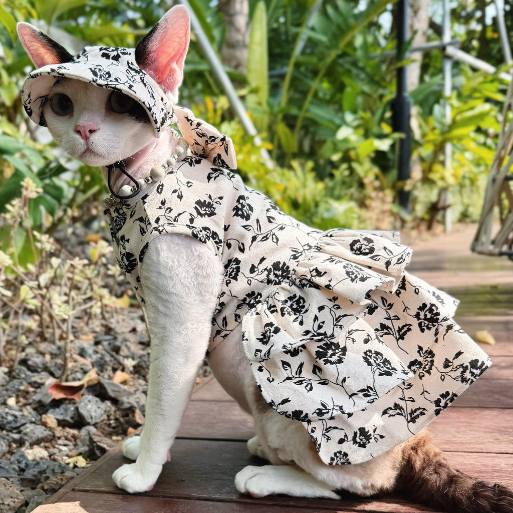 🤍Black White Floral Pet Shirt/Dress Cotton Matching Set - Novo Paw