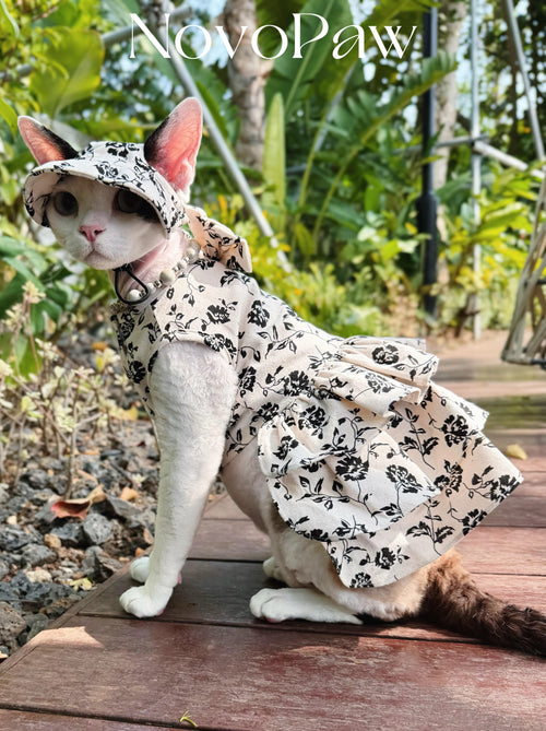Cat Princess Set – 100% Cotton Bow Tiered Dress & Hat | Devon Rex, Sphynx, Abyssinian, Siamese, Bengal