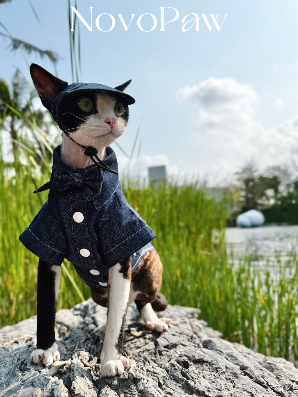 Cat Denim Shirt Outfit – 100% Cotton Breathable Apparel for Sphynx & Devon Rex