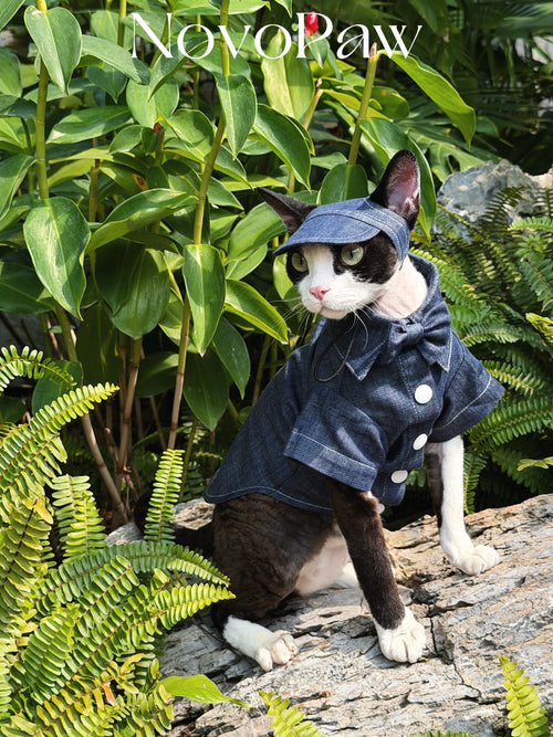 Cat Denim Shirt Outfit – 100% Cotton Breathable Apparel for Sphynx & Devon Rex