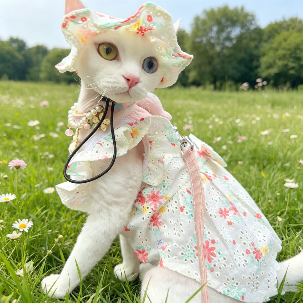 🌸Floral Hollow Out Embroidered Cotton Dress & Hat Set - Novo Paw